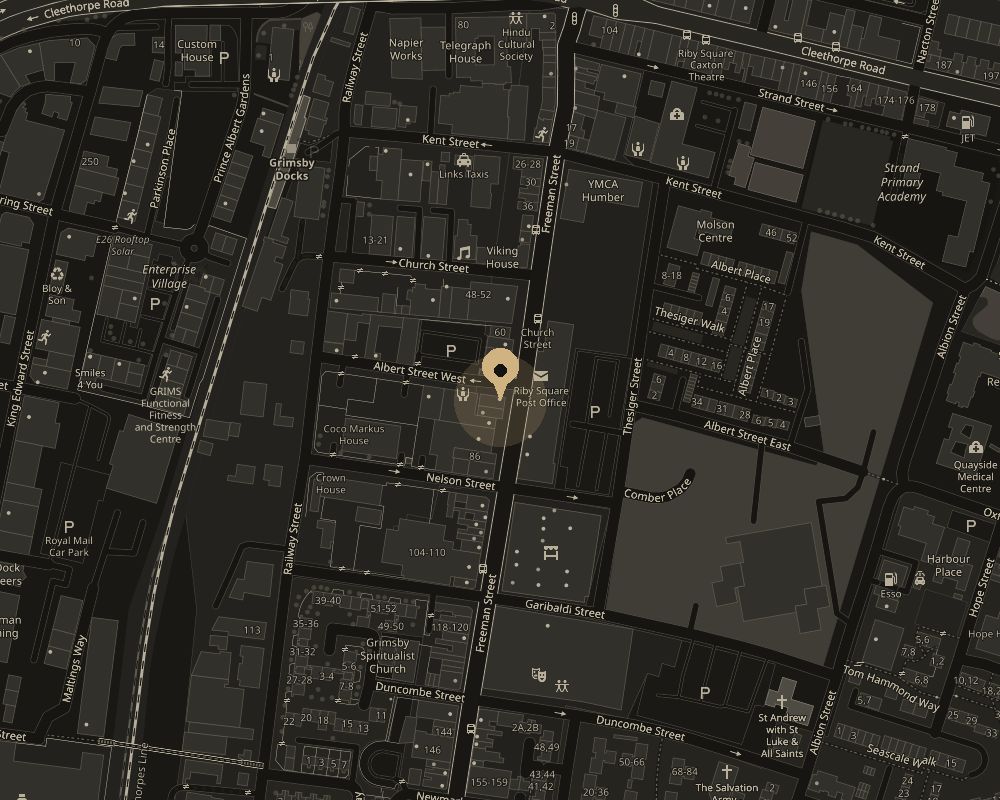 Map showing the BH Interiors showroom at 76-78 Freeman Street, Grimsby